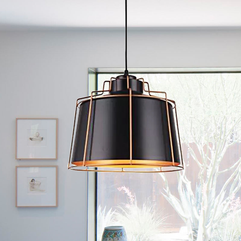 Industrial Metal Drum Shade Ceiling Fixture - 1 Light Black Suspension Lamp For Dining Tables