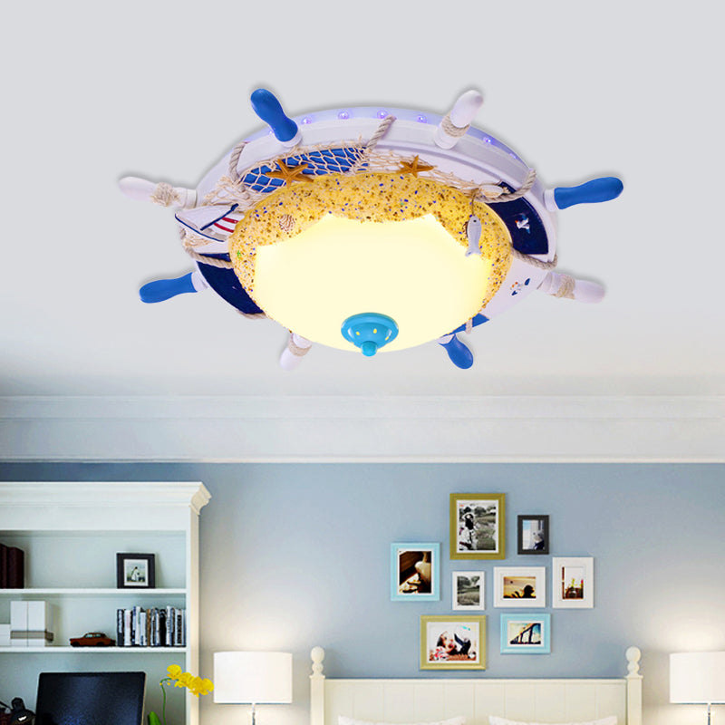 Frosted Dome Opal Glass Ceiling Light - Kids White Led Flush Mount With Rudder Canopy & Marine