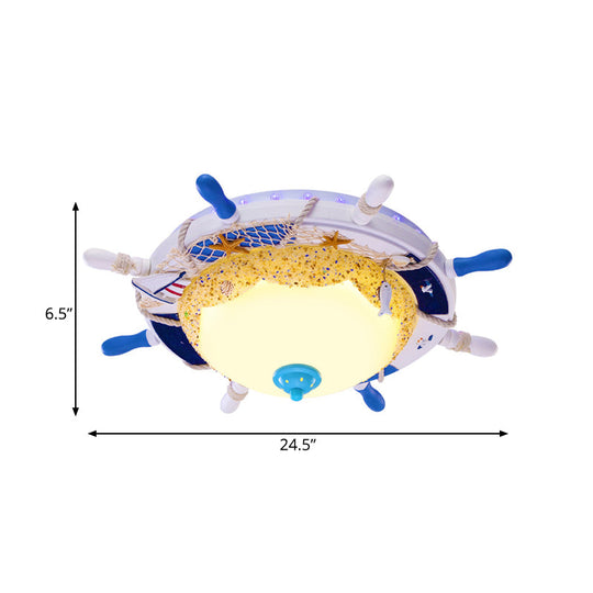 Frosted Dome Opal Glass Ceiling Light - Kid’s White Led Flush Mount With Rudder Canopy & Marine