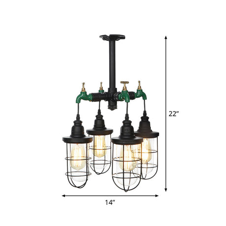 Sleek Black 3/4-Light Semi Mount Industrial Clear Glass Cage Lamp Fixture
