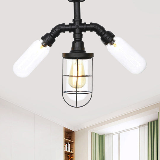 Antique Style Semi-Flush Ceiling Light - Clear Glass Flush Mounted Lamp With Cage In Black 3 Bulbs