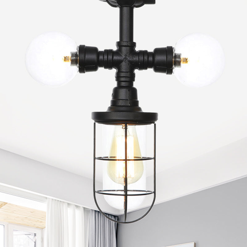Antique Style Semi-Flush Ceiling Light - Clear Glass Flush Mounted Lamp With Cage In Black 3 Bulbs