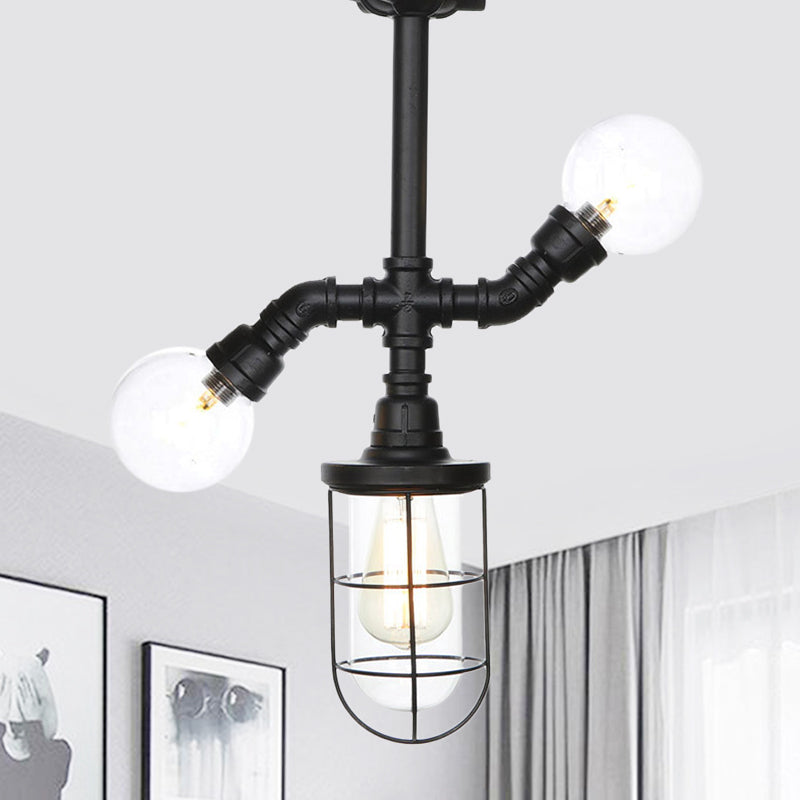 Antique Style Semi-Flush Ceiling Light - Clear Glass Flush Mounted Lamp With Cage In Black 3 Bulbs