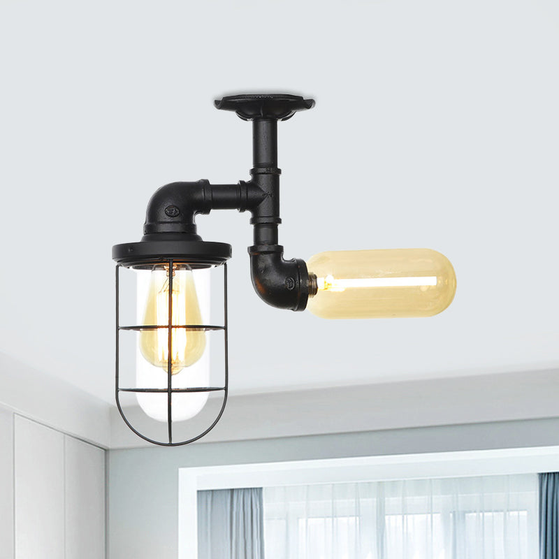 Vintage Black Ceiling Mounted Light With Clear Glass Orb And Cage For Corridors (2 Lights) / A