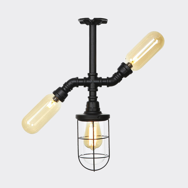 Sleek 3-Head Foyer Semi Flush Mount In Black With Clear Glass Ball/Capsule And Cage