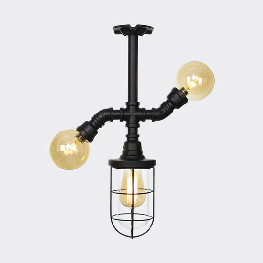 Sleek 3-Head Foyer Semi Flush Mount In Black With Clear Glass Ball/Capsule And Cage