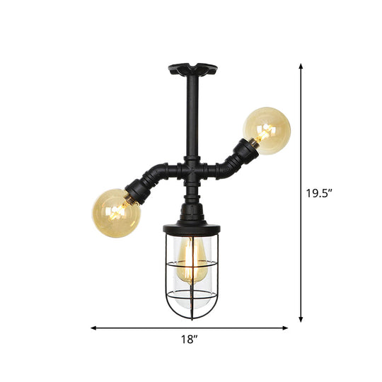 Sleek 3-Head Foyer Semi Flush Mount In Black With Clear Glass Ball/Capsule And Cage