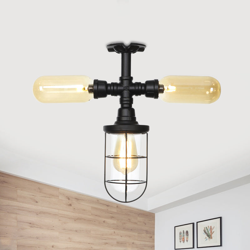 Sleek 3-Head Foyer Semi Flush Mount In Black With Clear Glass Ball/Capsule And Cage