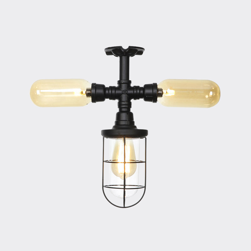 Sleek 3-Head Foyer Semi Flush Mount In Black With Clear Glass Ball/Capsule And Cage