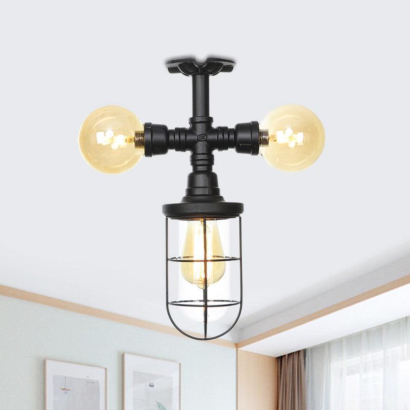 Sleek 3-Head Foyer Semi Flush Mount In Black With Clear Glass Ball/Capsule And Cage