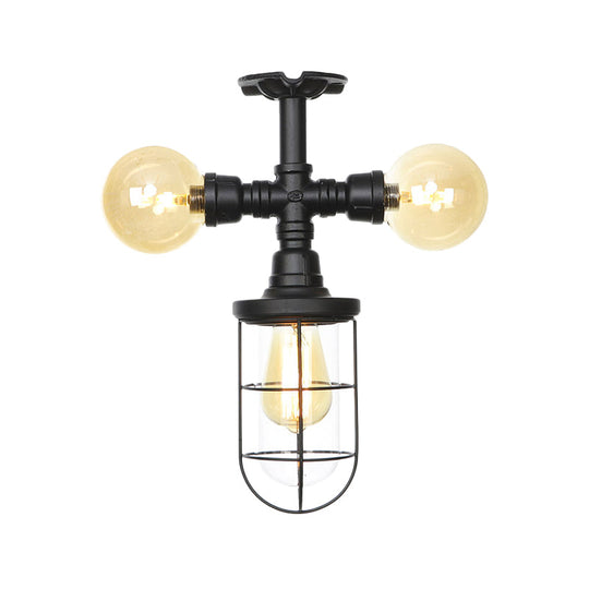 Sleek 3-Head Foyer Semi Flush Mount In Black With Clear Glass Ball/Capsule And Cage