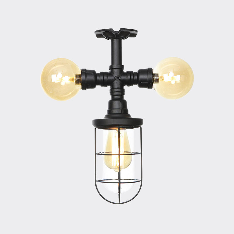Sleek 3-Head Foyer Semi Flush Mount In Black With Clear Glass Ball/Capsule And Cage