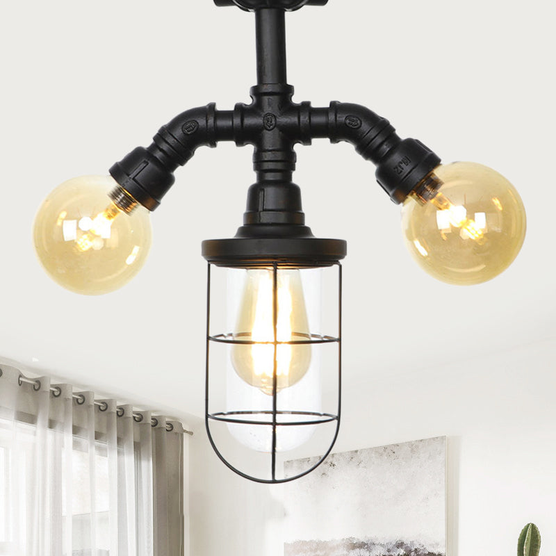 Sleek 3-Head Foyer Semi Flush Mount In Black With Clear Glass Ball/Capsule And Cage / F