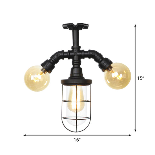 Sleek 3-Head Foyer Semi Flush Mount In Black With Clear Glass Ball/Capsule And Cage