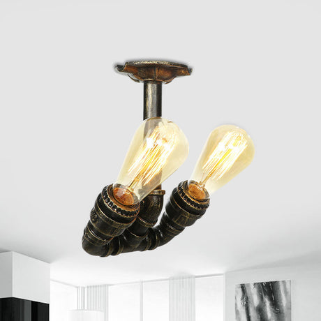 Bronze Industrial Semi Flush Light Fixture With Bare Bulb Design