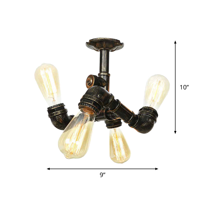 Semi Flush Mount Industrial Bare Bulb Ceiling Lighting In Bronze (3/4 - Light Iron Flush)