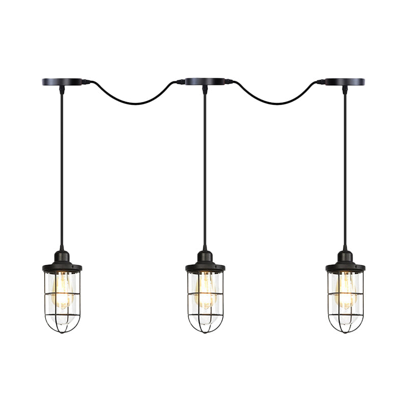 Minimalist Black Multi Light Chandelier With Clear Glass Cage - Farmhouse Tandem Ceiling Lamp