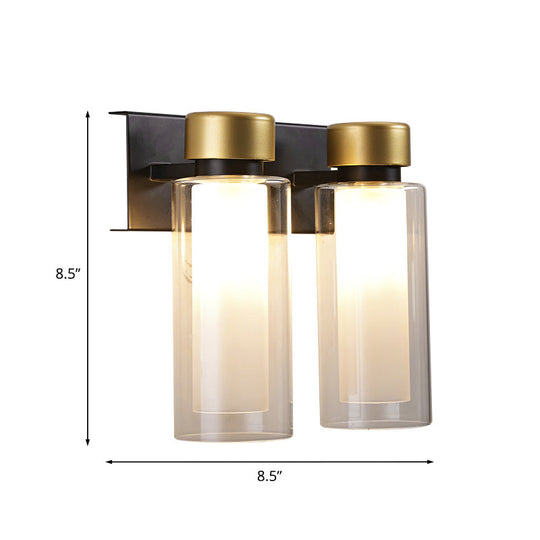 Modern Dual Cylinder Brass Sconce Light Fixture With Clear Glass - 2 Bulbs Led Wall Mount Lamp