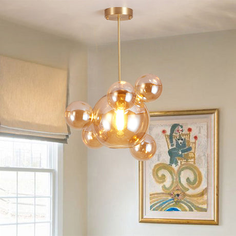 Modernist Amber Glass Pendant Lamp Kit 1 Light Bubble Shape Ideal For Dining Table
