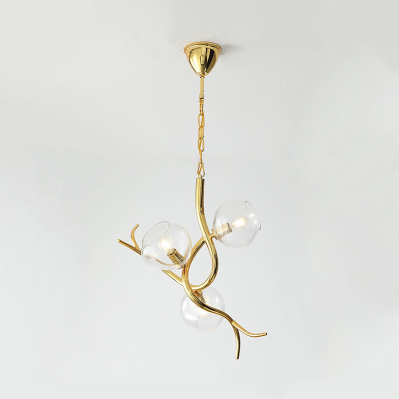 Modern Gold Finish Branch Pendant Chandelier - Clear Glass Led Ceiling Light (3 Heads)