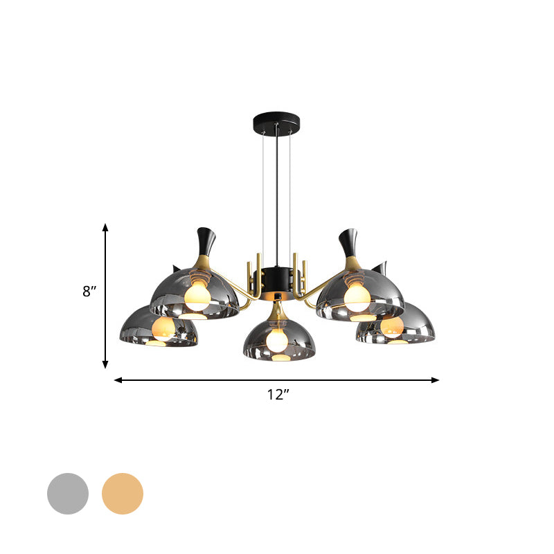 Modernism Dome Ceiling Chandelier - Smoke Gray/Amber Glass 5 Bulbs Bedroom Pendant Light