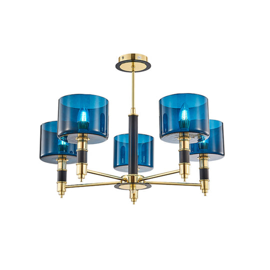 Sleek 5 - Headed Gold Ceiling Light With Blue Glass Shade For Living Room