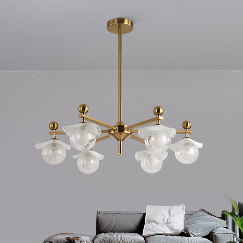 Modern 6-Head Gold Radial Led Chandelier Pendant Light With Clear Glass Globe And Wave Cap