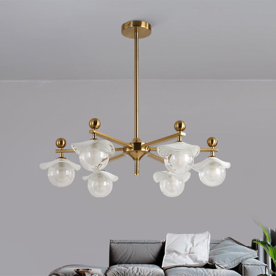 Modern 6-Head Gold Radial Led Chandelier Pendant Light With Clear Glass Globe And Wave Cap