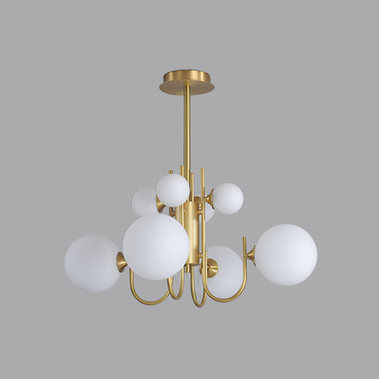 Frosted White Glass Sphere Pendant Light With Brass Finish - Designer 8-Light Chandelier