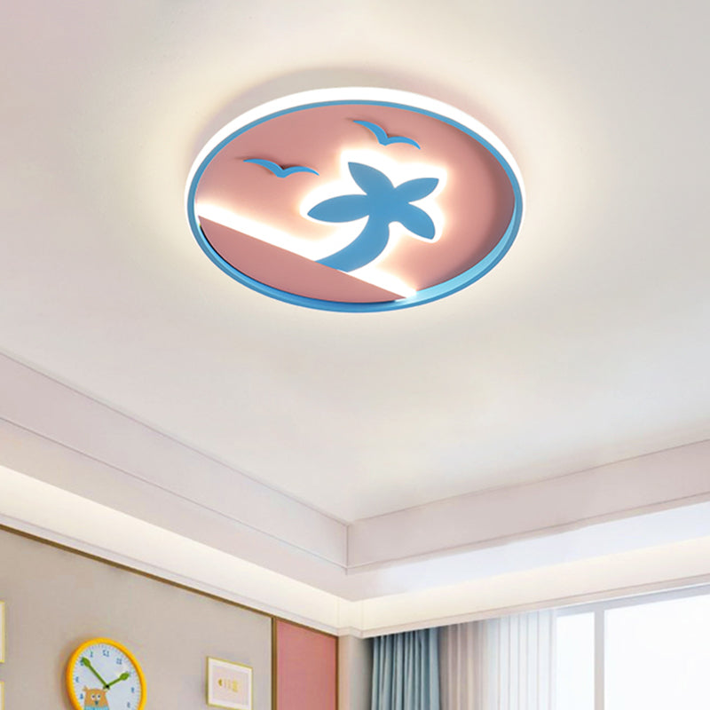 Tropical Beach Kids Led Flush Mount Ceiling Light - Pink And Blue With Circle Acrylic Shade