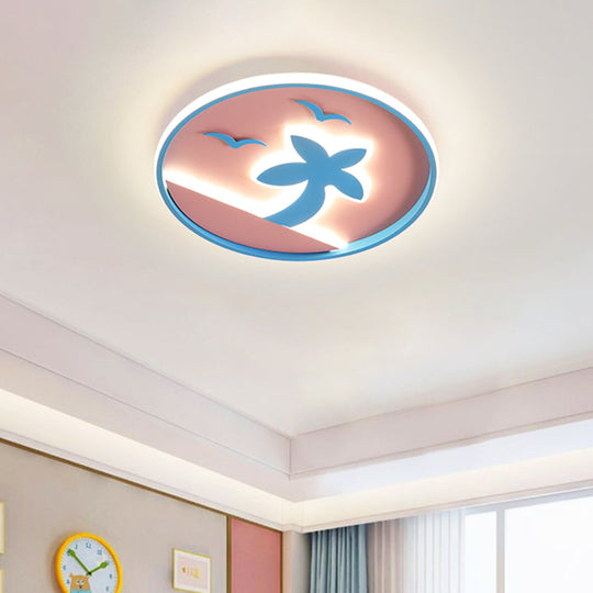 Tropical Beach Kids Led Flush Mount Ceiling Light - Pink And Blue With Circle Acrylic Shade