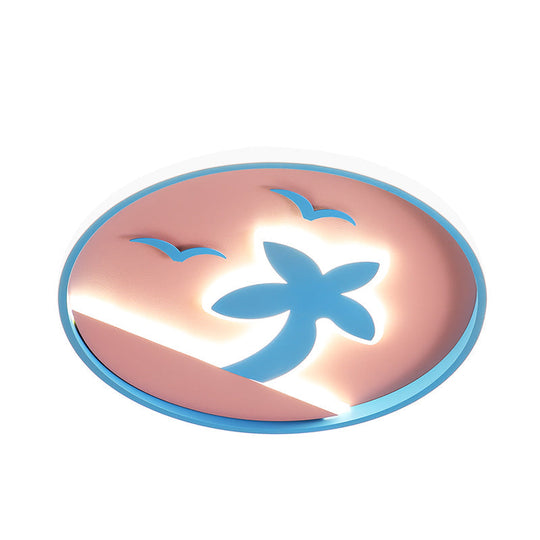 Tropical Beach Kids Led Flush Mount Ceiling Light - Pink And Blue With Circle Acrylic Shade