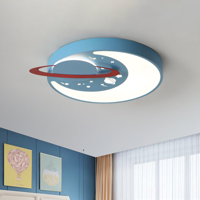 Children’s Led Flush Mount Light Fixture In White/Blue With Moon And Planet Design Blue