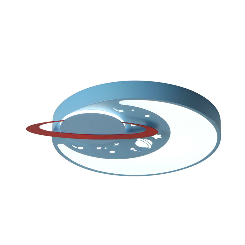 Children’s Led Flush Mount Light Fixture In White/Blue With Moon And Planet Design