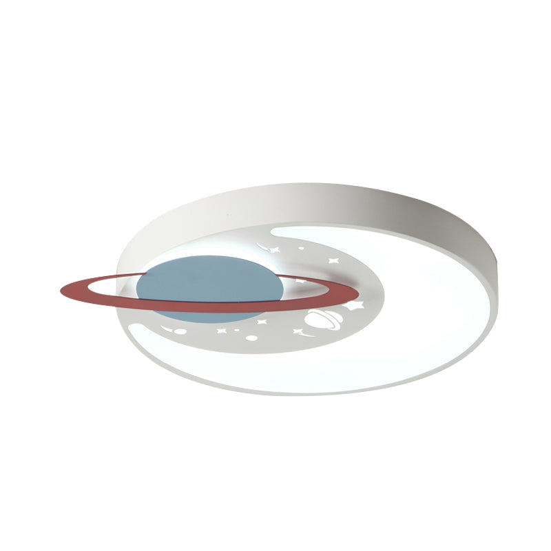 Children’s Led Flush Mount Light Fixture In White/Blue With Moon And Planet Design