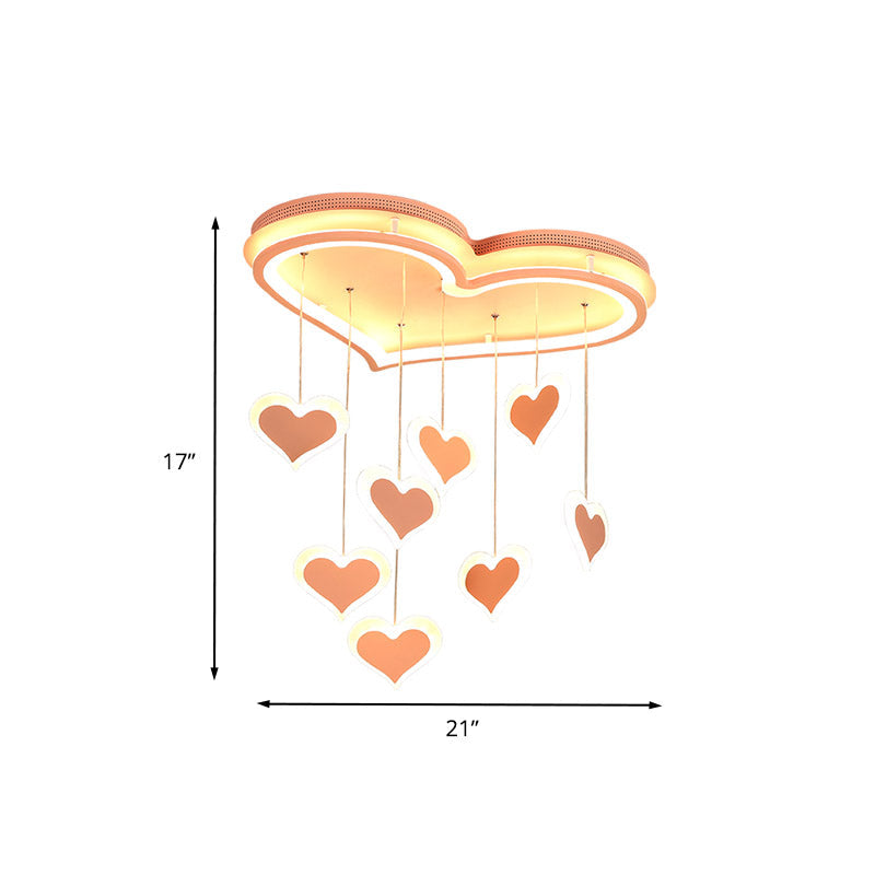 Waterfall Heart Iron Ceiling Lamp - Macaron Pink Led Flush Mount Lighting For Bedroom