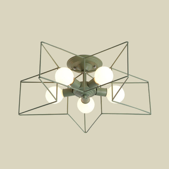 Pentacle Frame Iron Flush Mount Light - 5-Bulb Semi Ceiling For Kids’ Room (Pink/Grey/Blue)