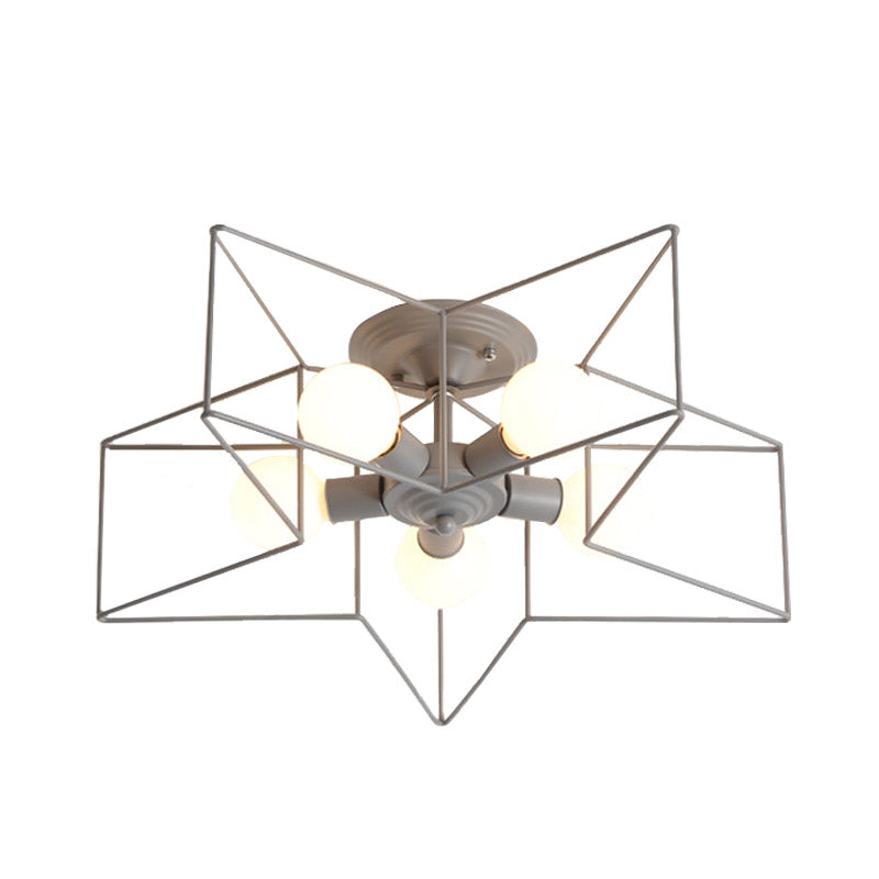 Pentacle Frame Iron Flush Mount Light - 5-Bulb Semi Ceiling For Kids’ Room (Pink/Grey/Blue)