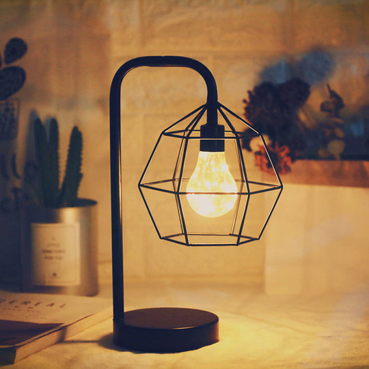 Modern Teardrop/Ball Cage Dangling Plug-In Table Light With Gooseneck Arm - Black Led Nightstand