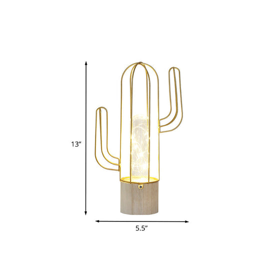 Rechargeable Led Night Light: Capsule Glass Lamp With Gold Finish Cactus Design And Steel Cage Guard