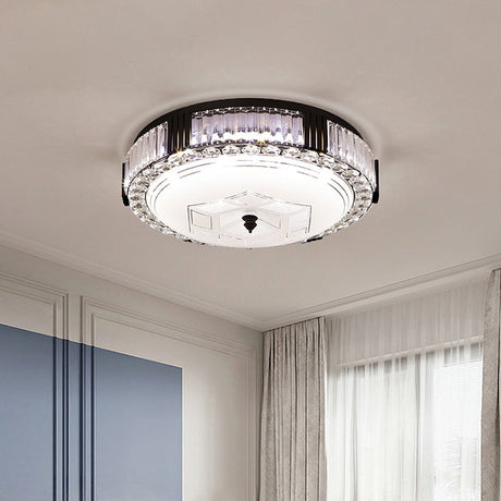 Modern Black Metal Led Flush Mount Bedroom Lamp With Crystal Accent / C