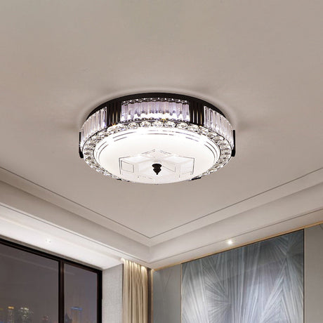Modern Black Metal Led Flush Mount Bedroom Lamp With Crystal Accent