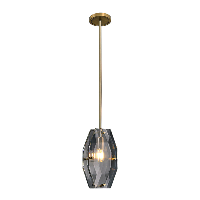 Minimalist Double Panel Pendant Lighting With 1-Bulb Faceted Crystal Ceiling Fixture In Brass