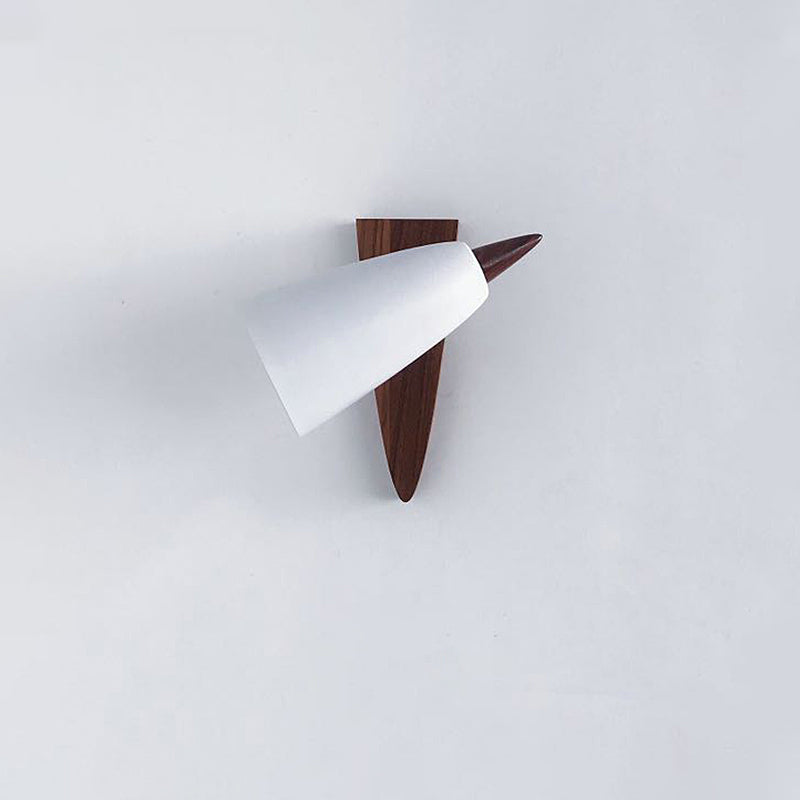 Modern Cone Metal Wall Light With Wood Backplate - White 1-Bulb Sconce Fixture