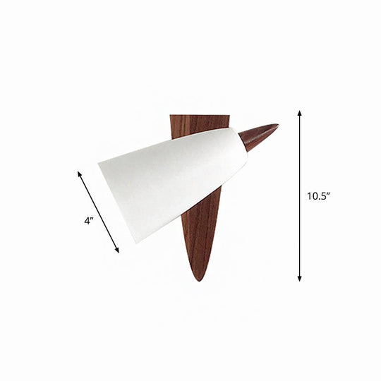 Modern Cone Metal Wall Light With Wood Backplate - White 1-Bulb Sconce Fixture