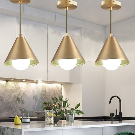 Brass Cone Pendant Light For Dining Table - Mid Century Metal Lamp