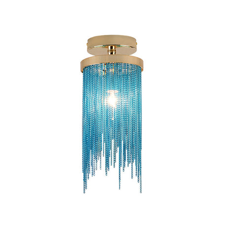Modern Aluminum Small Flushmount Ceiling Light With Cascading Fringe 1-Light Green/Gold/Blue