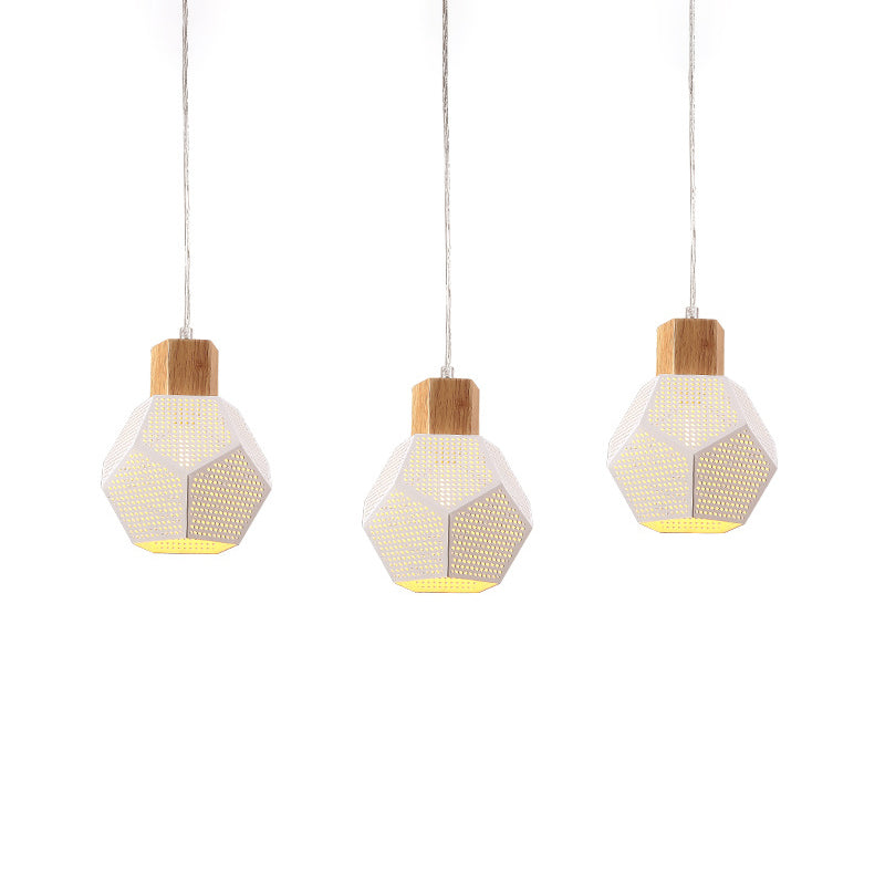 Nordic Iron Faceted Mesh Pendant Lamp - 3-Bulb White & Wood Ceiling Light For Table