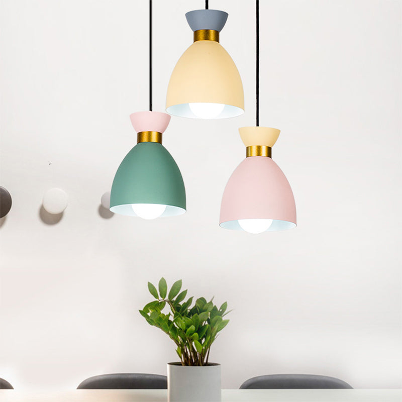 Macaron Cluster Pendant Light With Aluminum Shade In Green-Yellow-Pink - 3 Cup Hanging Fixture