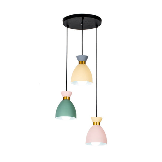 Macaron Cluster Pendant Light With Aluminum Shade In Green-Yellow-Pink - 3 Cup Hanging Fixture